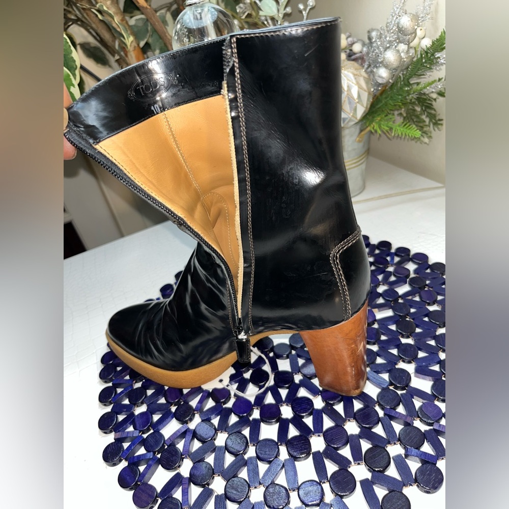 VINTAGE 80S TOD’S BLACK LEATHER ZIPPERED CREPE SOLE BOOT MADE IN ITALY SIZE 10 - Picture 8 of 16